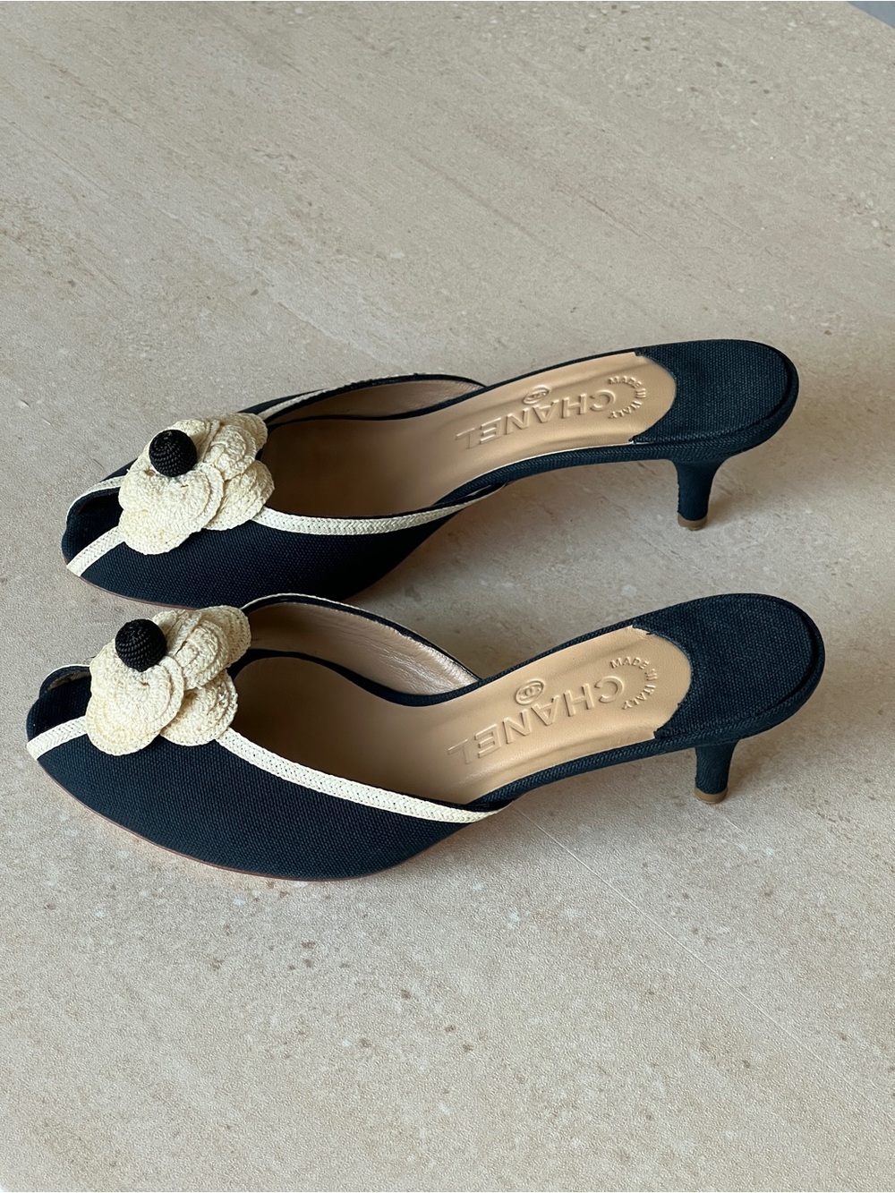 CHANEL Navy and Cream Camellia Kitten Heel Mules - Picture 6 of 9